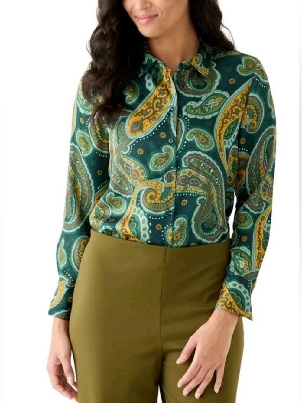 Chelsea & Theodore Paisley Satin Button Down Blouse Large Business Casual Boho